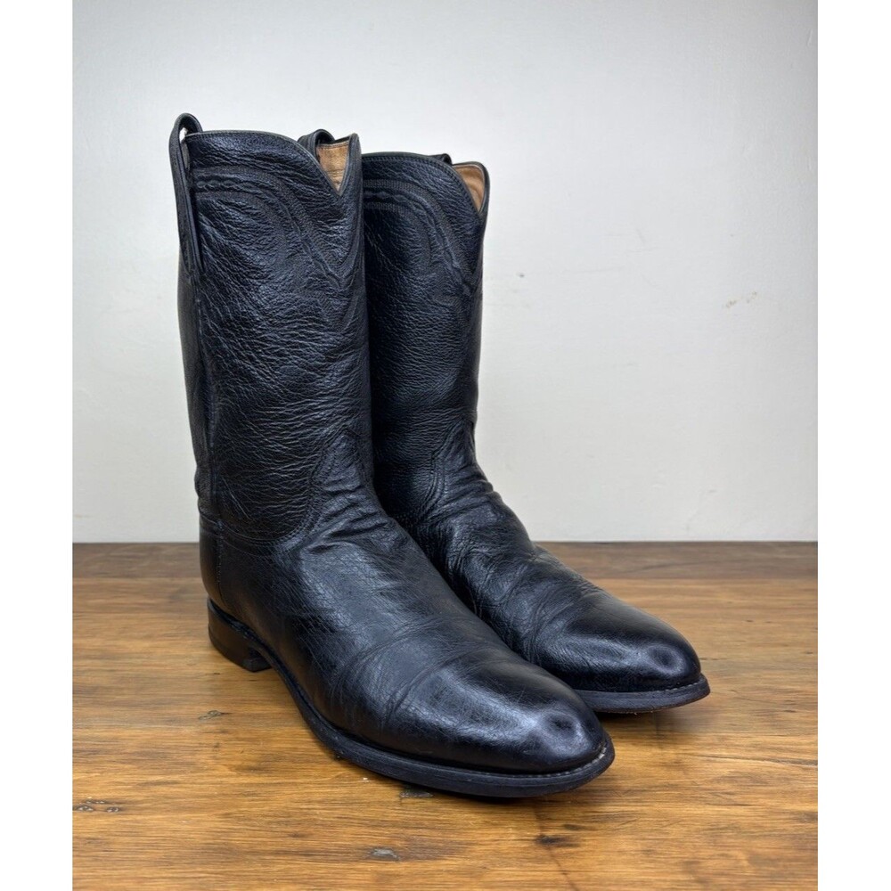 Lucchese 2000 Black Smooth Ostrich Roper Cowboy Boots Men 10.5 D Exotic T007602